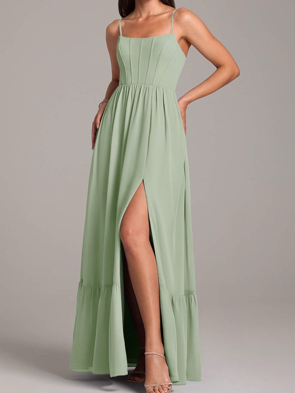 Azazie Sage Green Spaghetti-Strap Maxi Dress